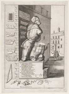 Pasquinin patsas kardinaali Ursinon talossa, julkaistu vuoden 1582 jälkeen, julkaistu vuoden 1582 jälkeen. tekijältä After Nicolas Beatrizet.