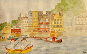 Matka, Varanasi, 2015, akvarelli paperille tekijältä Agnes Girardon