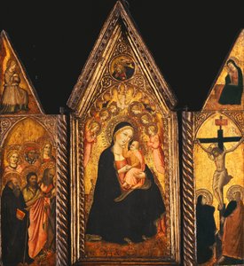 Kannettava triptyykki, jossa on Madonna ja enkeleiden valtaistuimella oleva lapsi,