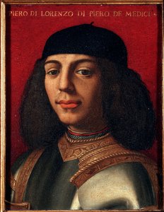Muotokuva Pietari II:sta Medici (1472-1503) (Piero di Lorenzo de Medici tai Piero onneton) italialainen poliitikko ja sotilas, Laurentin poika, Agnolo Allorin upea maalaus Bronzino (1503-1572), öljy kuparille, koko 15x12 cm Palazzo M tekijältä Agnolo Bronzino