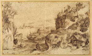 Näkymä linnoitettuun satamaan alaspäin (kynä ja ruskea muste paperilla) tekijältä Agostino (attr. to) Carracci