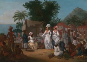 Pellavatori, jossa on pellavakioski ja vihannesmyyjä Länsi-Intiassa, n. 1780.