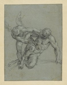Amor valloittaa Panin (etusivu); munkin pää; karikatyyri miehestä profiilissa (kääntöpuoli). tekijältä Agostino Carracci