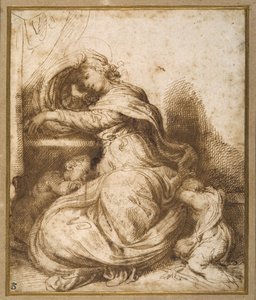 Madonna ja lapsi St Johnin kanssa, kaikki nukkumassa (kynä ja ruskea muste ja ruskea pesu) tekijältä Agostino Carracci