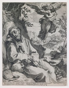 Soittava enkeli lohduttaa pyhää Franciscusta tekijältä Agostino Carracci