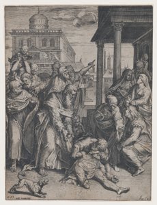 Pyhä Paavali kasvattaa Patroklosta, joka on maassa katsojien joukon ympäröimänä, ..., 1583.