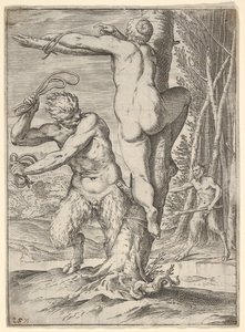 Satyr piiskaa nymfiä, joka näytetään takaapäin ja sidottu puuhun, toinen saty..., n. 1590-95.