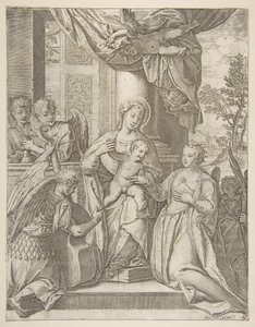 Pyhän Katariinan mystinen avioliitto, joka istuu keskellä Kristus-lapsen, enkeleiden kanssa..., 1585. tekijältä Agostino Carracci