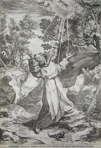 Pyhän Franciscuksen leimautuminen La Verna -vuorella (1224) tekijältä Agostino Carracci