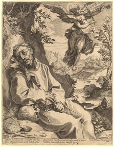 Musiikkienkelin lohduttama Pyhä Franciscus tekijältä Agostino Carracci after Francesco Vanni