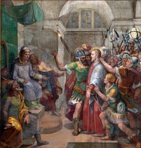 Passion: "Kristus Pontius Pilatuksen edessä (Pontius Pilatius)" "Fresko Agostino Ciampelli (1577-1642) 1594-1600 Rooma, Santa Prasseden basilika tekijältä Agostino Ciampelli