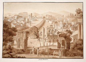 Forum Romanum, 1833 (etsaus ruskealla pesulla) tekijältä Agostino Tofanelli