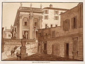 Michelangelon talo Capitolinuksen kukkulalla, 1833 (etsaus ja ruskea pesu) tekijältä Agostino Tofanelli