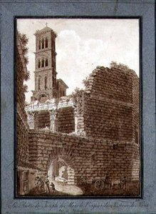 Marsin temppeli Forumissa Roomassa, n. 1800 (kynä ja muste seepiapesulla paperilla) tekijältä Agostino Tofanelli