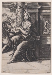 Siveys, nainen istuu, yksisarvinen hänen oikealla puolellaan, c. 1515-30.