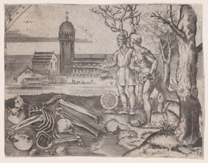 Kaksi miestä hautausmaalla, n. 1514-36. tekijältä Agostino Veneziano