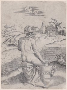 Nainen istuu lähellä maljakkoa, n. 1514-36. tekijältä Agostino Veneziano
