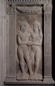 Kaksoset edustavat kaksoset planeetan symboleja ja horoskooppimerkkejä kuvaavien kohokuvioiden sarjasta, noin 1450 (kipsi)