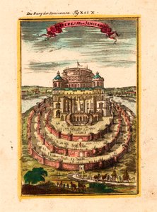 Legendaarisen kuningatar Semiramin linnoitus ja riippupuutarhat Babylonissa - Semiramiksen linnoitus - Alain Manesson Malletin (1630-1706) kuparikaiverrus ja akvarelli