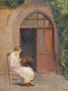Tyttö istuu La Boissieren ulkopuolella, n. 1909 tekijältä Albert de Belleroche