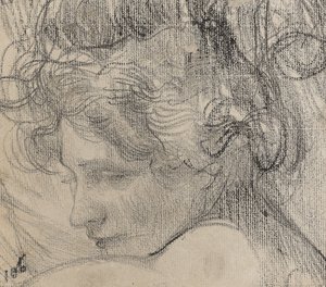 Naisen pää, n. 1890 (kynä paperilla) tekijältä Albert de Belleroche