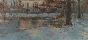 Lumipeitteinen maalaistalo ja puisto, noin 1892 (pastelli paperille kankaalle).