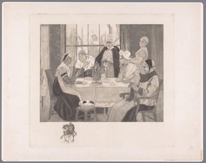 Perinteisissä puvuissa olevien naisten seura pöydässä skandaali tekijältä Albert Bertrand (attributed to)