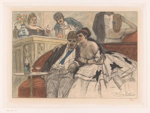 Mies ja nainen istuvat punaisella sohvalla teatterin baarissa Le gandin ivre tekijältä Albert Bertrand (attributed to)