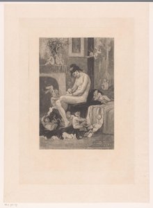 Alaston nainen sängyn reunalla demonien ympäröimänä leikkimässä La mere aux Satyrions tekijältä Albert Bertrand (attributed to)