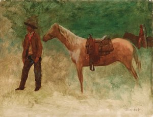 Seisova cowboy hevosen kanssa tekijältä Albert Bierstadt
