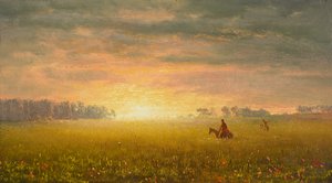Auringonlasku preerialla, noin 1861 (öljy paperille). tekijältä Albert Bierstadt