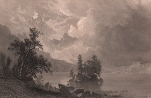 Näkymä Esther-järvelle, Sierra Nevada, Kalifornia, Yhdysvallat, teräskaiverrus Robert Hinshelwoodin (1812-1875 jälkeen) Albert Bierstadtin (1830-1902) maalauksen jälkeen, noin 19x14 cm tekijältä Albert Bierstadt