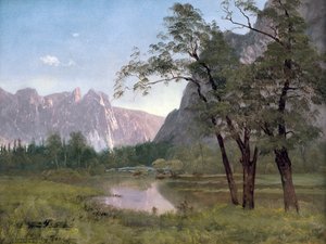 Yosemite Valley (öljy paperille kiinnitetty kankaalle) tekijältä Albert Bierstadt