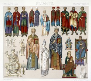 Bysantin puvut. Kuvitus Racinetin teoksesta "Historiallinen puku". tekijältä Albert Charles August Racinet