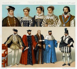 Aatelisten ja tuomarien puvut Ranskassa 1600-luvulla. Kromolitografinen levy - Racinetin "" Le costume historique" -kirjassa