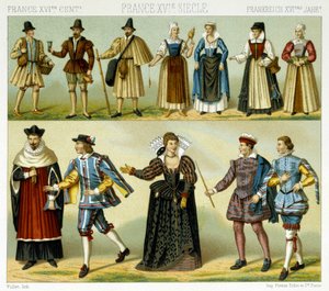 Ranskan aateliston puvut ja suositut puvut 1500-luvulla. Kromolitografinen levy - Racinetin "" Le costume historique" -kirjassa