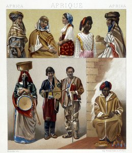 Egyptiläiset puvut. Kuvitus Racinetin teoksesta "Historiallinen puku". tekijältä Albert Charles August Racinet