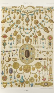 Etruski, levy 7 julkaisusta "Polychromatic Ornament: Sata lautasta kultaa, hopeaa ja värejä" tekijältä Albert Charles August Racinet