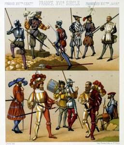 Ranskalaiset sotilasasut 1500-luvulla. Kromolitografinen levy - Racinetin "" Le costume historique" -kirjassa tekijältä Albert Charles August Racinet
