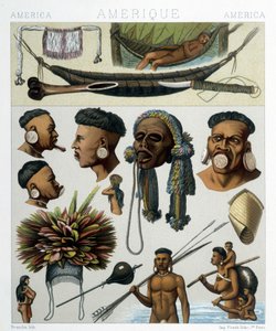 Brasilian ja Paraguayn alkuperäiskansat. Kuvitus Racinetin teoksesta "Historiallinen puku". tekijältä Albert Charles August Racinet