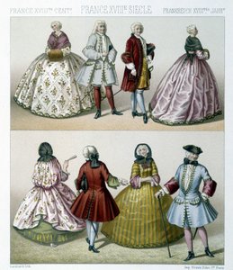 Miehet ja naiset muodikkaissa 1700-luvun puvuissa Ranskassa. Kuvitus Racinet