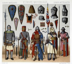 Sotilasasut ja kypärät Ranskassa 1200-1400-luvuilta. Kuvitus Racinet