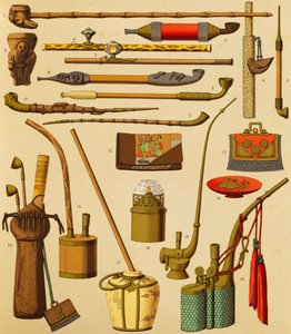 Piippu ja tupakoitsijoiden käyttämät esineet, Schmidtin litografia teoksesta The Complete Costume History, ensimmäinen osa, kirjoittanut Auguste Racinet (1825-1893), Pariisi tekijältä Albert Charles August Racinet