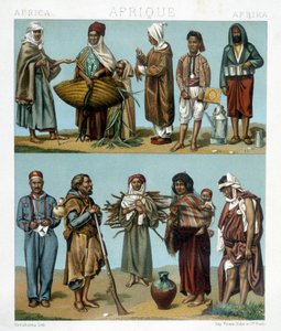 Afrikan suositut puvut. Kuvitus Racinetin teoksesta "Historiallinen puku". tekijältä Albert Charles August Racinet