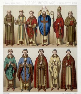 Uskonnolliset puvut Euroopassa keskiajalla. Kuvitus Racinetin teoksesta "Le costume historique". tekijältä Albert Charles August Racinet