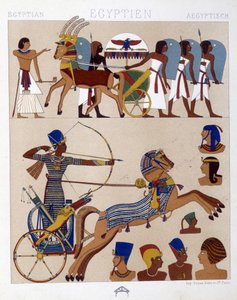 Muinaisen Egyptin freskojen jäljennös, mukaan lukien Ramses II hänen tankissaan - Racinetin "Historiallinen puku" tekijältä Albert Charles August Racinet