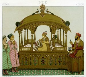 Mughal-keisarien valtaistuin. Kromolitografinen levy - Racinetin "" Le costume historique" -kirjassa tekijältä Albert Charles August Racinet