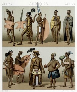 Perinteinen Cafrerie-asu (Afrikan meridionaalinen osa). Kuvitus Racinet