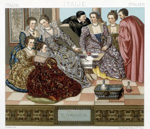 Venetsialaiset puvut 1600-luvulta. Kuvitus Racquetin teoksesta "Historiallinen puku". tekijältä Albert Charles August Racinet
