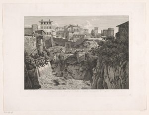 Näkymä Tivolille, Vestan temppeli kaukaisuudessa Situazione del Tempio di Vesta a Tivoli dirimpetto la Cascata (otsikko esineessä) Malaiji radirte Prospekte aus Italien (sarjan nimi)